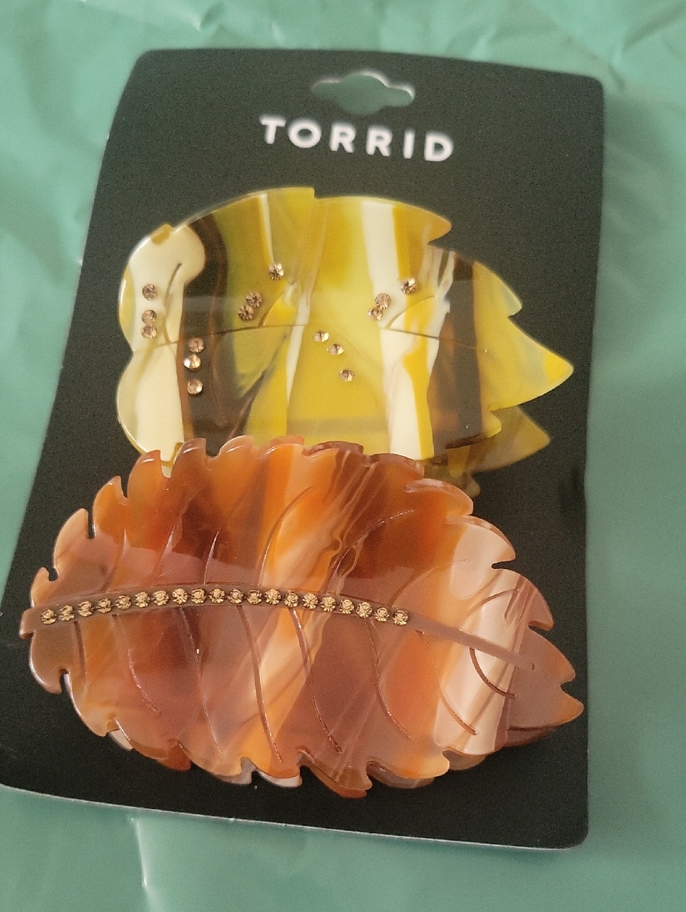 torrid Leaf Resin Hair Clips in Yellow and Brown with Rhinestones